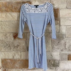 White and blue striped knit dress